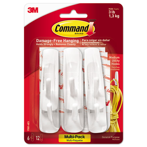 Command™ wholesale. General Purpose Hooks Multi-pack, Medium, 3 Lb Cap, White, 6 Hooks And 12 Strips-pack. HSD Wholesale: Janitorial Supplies, Breakroom Supplies, Office Supplies.