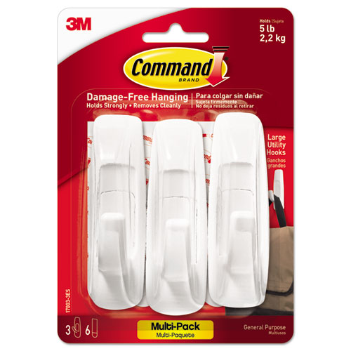 Command™ wholesale. General Purpose Hooks Multi-pack, Large, 5 Lb Cap, White, 3 Hooks And 6 Strips-pack. HSD Wholesale: Janitorial Supplies, Breakroom Supplies, Office Supplies.