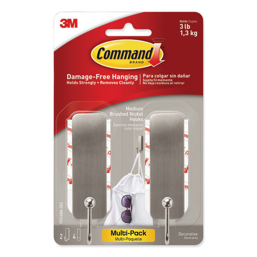 Command™ wholesale. Decorative Hooks, Medium, Brushed Nickel, 2 Hook And 4 Strips-pack. HSD Wholesale: Janitorial Supplies, Breakroom Supplies, Office Supplies.