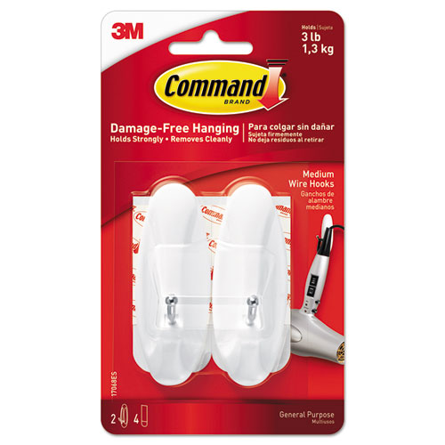 Command™ wholesale. General Purpose Wire Hooks, Medium, 3 B Cap, White, 2 Hooks And 4 Strips-pack. HSD Wholesale: Janitorial Supplies, Breakroom Supplies, Office Supplies.