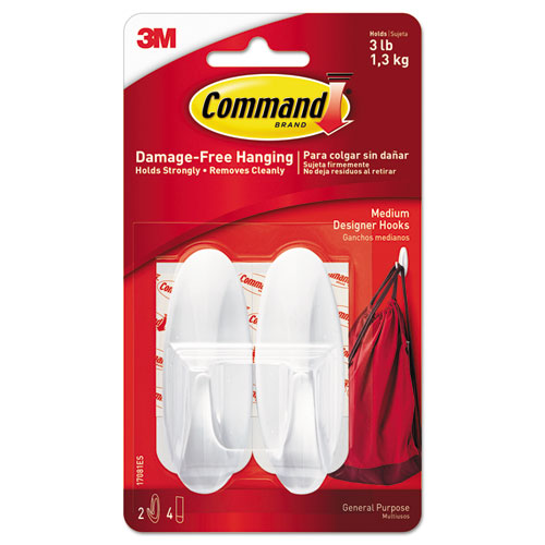Command™ wholesale. General Purpose Designer Hooks, Medium, 3 Lb Cap, White, 2 Hooks And 4 Strips-pack. HSD Wholesale: Janitorial Supplies, Breakroom Supplies, Office Supplies.