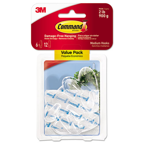 Command™ wholesale. Clear Hooks And Strips, Plastic, Medium, 6 Hooks And 12 Strips-pack. HSD Wholesale: Janitorial Supplies, Breakroom Supplies, Office Supplies.