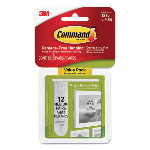 Command™ wholesale. Picture Hanging Strips, Value Pack, Medium, Removable, 0.75" X 2.75", White, 12 Pairs-pack. HSD Wholesale: Janitorial Supplies, Breakroom Supplies, Office Supplies.