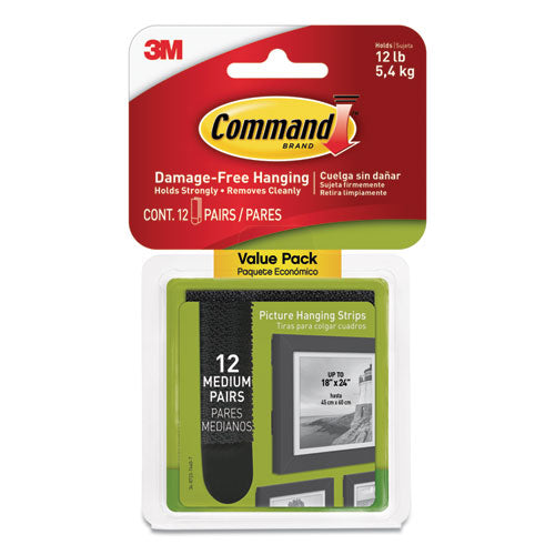 Command™ wholesale. Picture Hanging Strips, Value Pack, Medium, Removable, 0.75" X 2.75", Black, 12 Pairs-pack. HSD Wholesale: Janitorial Supplies, Breakroom Supplies, Office Supplies.