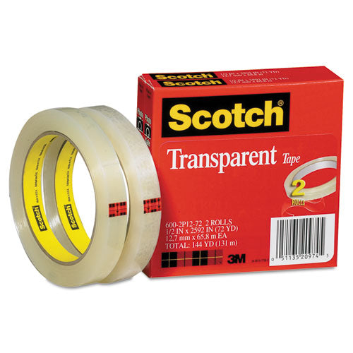 Scotch® wholesale. Scotch™ Transparent Tape, 3" Core, 0.5" X 72 Yds, Transparent, 2-pack. HSD Wholesale: Janitorial Supplies, Breakroom Supplies, Office Supplies.