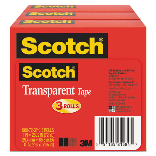 Scotch® wholesale. Scotch™ Transparent Tape, 3" Core, 1" X 72 Yds, Transparent, 3-pack. HSD Wholesale: Janitorial Supplies, Breakroom Supplies, Office Supplies.