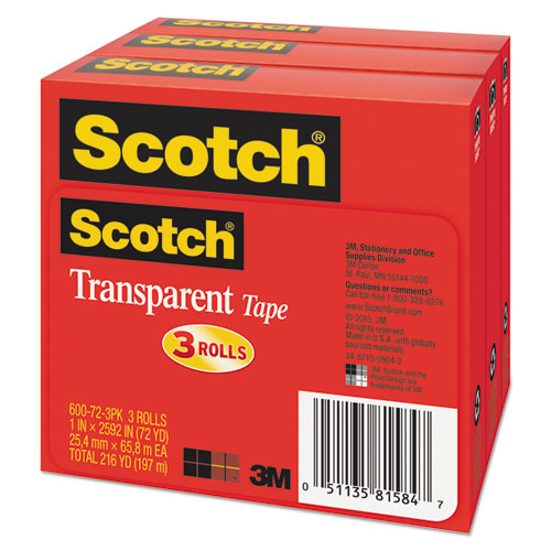 Scotch® wholesale. Scotch™ Transparent Tape, 3" Core, 1" X 72 Yds, Transparent, 3-pack. HSD Wholesale: Janitorial Supplies, Breakroom Supplies, Office Supplies.