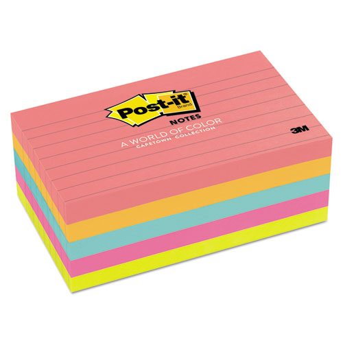 Post-it® Notes wholesale. Original Pads In Cape Town Colors, 3 X 5, Lined, 100-sheet, 5-pack. HSD Wholesale: Janitorial Supplies, Breakroom Supplies, Office Supplies.