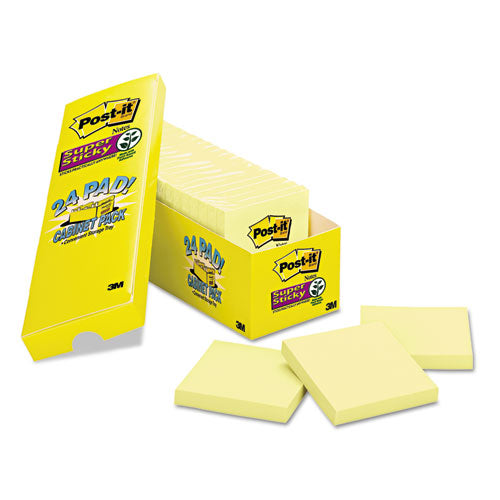 Post-it® Notes Super Sticky wholesale. Canary Yellow Note Pads, 3 X 3, 90-sheet, 24-pack. HSD Wholesale: Janitorial Supplies, Breakroom Supplies, Office Supplies.
