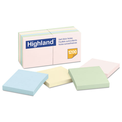 Highland™ wholesale. Self-stick Notes, 3 X 3, Assorted Pastel, 100-sheet, 12-pack. HSD Wholesale: Janitorial Supplies, Breakroom Supplies, Office Supplies.