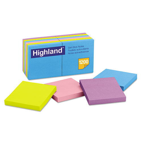 Highland™ wholesale. Self-stick Notes, 3 X 3, Assorted Bright, 100-sheet, 12-pack. HSD Wholesale: Janitorial Supplies, Breakroom Supplies, Office Supplies.