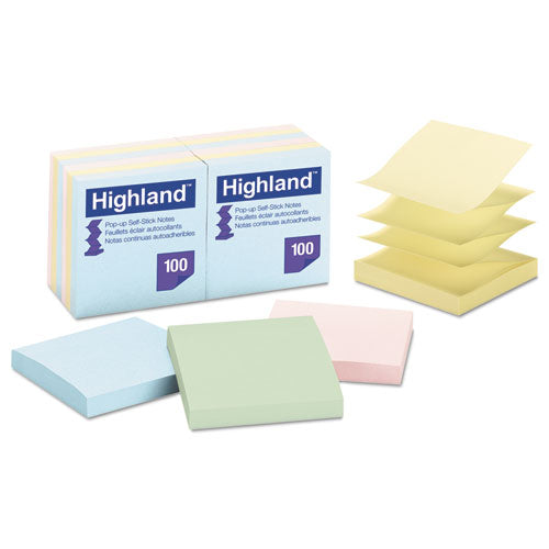 Highland™ wholesale. Self-stick Pop-up Notes, 3 X 3, Assorted Pastel, 100-sheet, 12-pack. HSD Wholesale: Janitorial Supplies, Breakroom Supplies, Office Supplies.