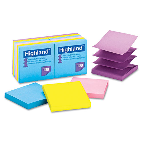 Highland™ wholesale. Self-stick Pop-up Notes, 3 X 3, Assorted Bright, 100-sheet, 12-pack. HSD Wholesale: Janitorial Supplies, Breakroom Supplies, Office Supplies.