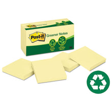 Load image into Gallery viewer, Post-it® Greener Notes wholesale. Recycled Note Pads, 3 X 3, Canary Yellow, 100-sheet, 12-pack. HSD Wholesale: Janitorial Supplies, Breakroom Supplies, Office Supplies.