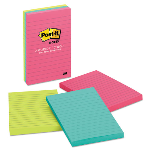 Post-it® Notes wholesale. Original Pads In Cape Town Colors, Lined, 4 X 6, 100-sheet, 3-pack. HSD Wholesale: Janitorial Supplies, Breakroom Supplies, Office Supplies.