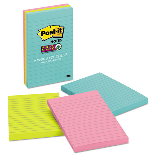 Post-it® Notes Super Sticky wholesale. Pads In Miami Colors, 4 X 6, 90-pad, 3 Pads-pack. HSD Wholesale: Janitorial Supplies, Breakroom Supplies, Office Supplies.