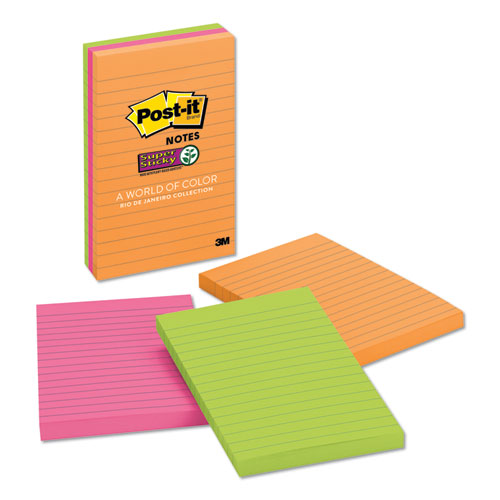 Post-it® Notes Super Sticky wholesale. Pads In Rio De Janeiro Colors, Lined, 4 X 6, 90-sheet Pads, 3-pack. HSD Wholesale: Janitorial Supplies, Breakroom Supplies, Office Supplies.