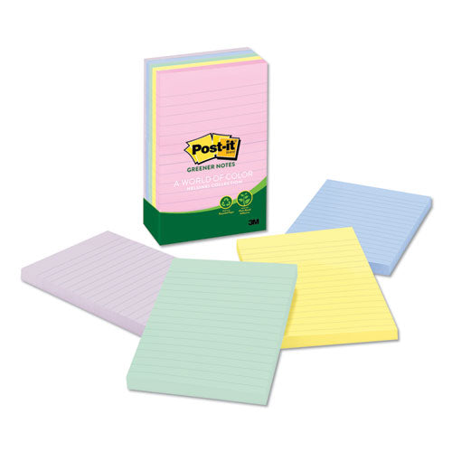 Post-it® Greener Notes wholesale. Recycled Note Pads, Lined, 4 X 6, Assorted Helsinki Colors, 100-sheet, 5-pack. HSD Wholesale: Janitorial Supplies, Breakroom Supplies, Office Supplies.
