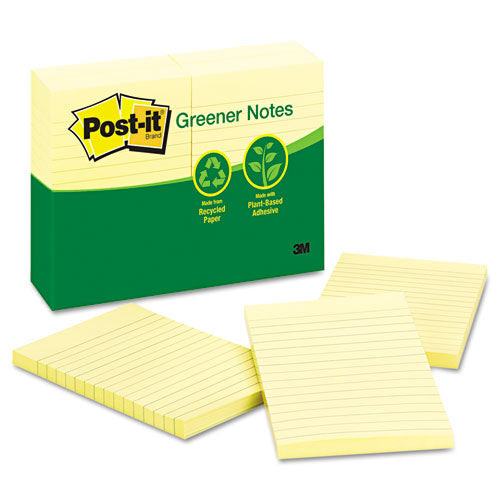 Post-it® Greener Notes wholesale. Recycled Note Pads, 4 X 6, Lined, Canary Yellow, 100-sheet, 12-pack. HSD Wholesale: Janitorial Supplies, Breakroom Supplies, Office Supplies.