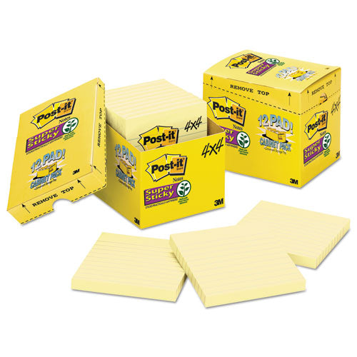 Post-it® Notes Super Sticky wholesale. Canary Yellow Note Pads, Lined, 4 X 4, 90-sheet, 12-pack. HSD Wholesale: Janitorial Supplies, Breakroom Supplies, Office Supplies.