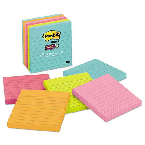 Post-it® Notes Super Sticky wholesale. Pads In Miami Colors, Lined, 4 X 4, 90-pad, 6 Pads-pack. HSD Wholesale: Janitorial Supplies, Breakroom Supplies, Office Supplies.