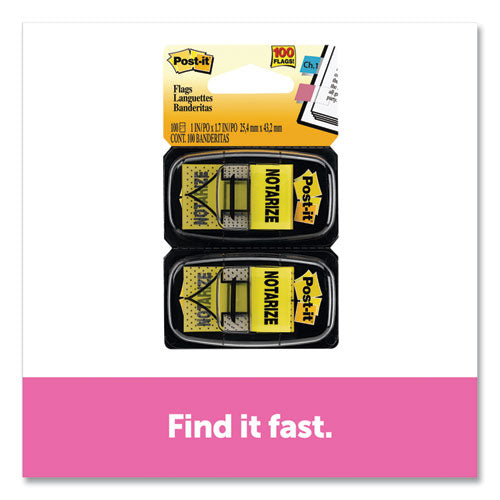 Post-it® Flags wholesale. Arrow Message 1" Page Flags, "notarize," Yellow, 2 50-flag Dispensers-pack. HSD Wholesale: Janitorial Supplies, Breakroom Supplies, Office Supplies.