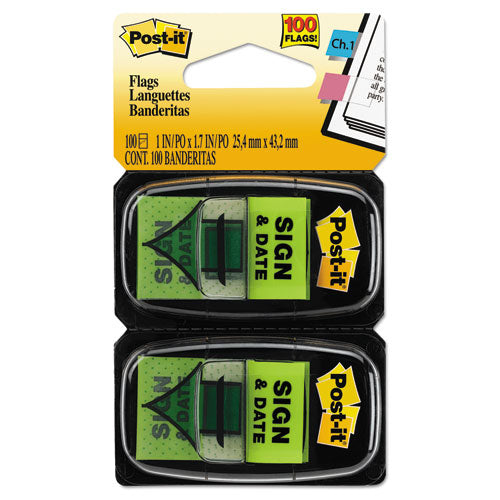 Post-it® Flags wholesale. Arrow Message 1" Page Flags, "sign And Date", Green, 2 50-flag Dispensers-pack. HSD Wholesale: Janitorial Supplies, Breakroom Supplies, Office Supplies.