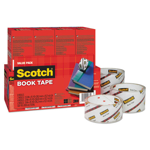 Scotch® wholesale. Scotch™ Book Tape Value Pack, 3" Core, (2) 1.5" X 15 Yds, (4) 2" X 15 Yds, (2) 3" X 15 Yds, Clear, 8-pack. HSD Wholesale: Janitorial Supplies, Breakroom Supplies, Office Supplies.