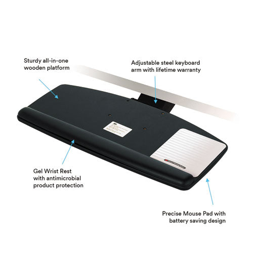 3M™ wholesale. 3M™ Sit-stand Easy Adjust Keyboard Tray, Standard Platform, 25.5w X 12d, Black. HSD Wholesale: Janitorial Supplies, Breakroom Supplies, Office Supplies.