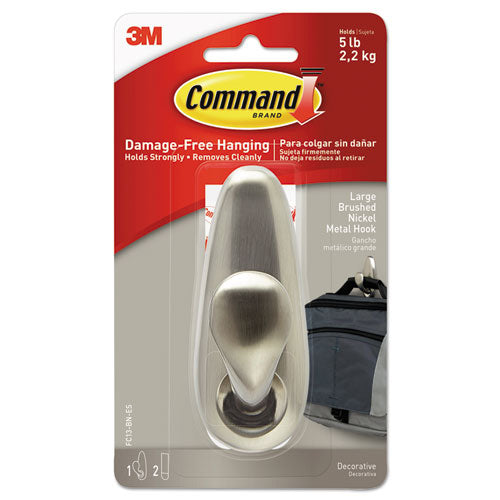 Command™ wholesale. Adhesive Mount Metal Hook, Large, Brushed Nickel Finish, 1 Hook And 2 Strips-pack. HSD Wholesale: Janitorial Supplies, Breakroom Supplies, Office Supplies.