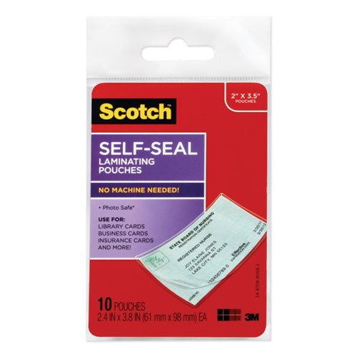 Scotch™ wholesale. Scotch Self-sealing Laminating Pouches, 9 Mil, 3.8" X 2.4", Gloss Clear, 10-pack. HSD Wholesale: Janitorial Supplies, Breakroom Supplies, Office Supplies.