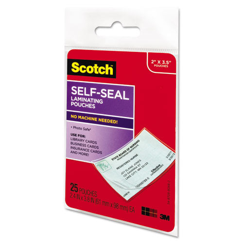 Scotch™ wholesale. Scotch Self-sealing Laminating Pouches, 9.5 Mil, 3.88" X 2.44", Gloss Clear, 25-pack. HSD Wholesale: Janitorial Supplies, Breakroom Supplies, Office Supplies.