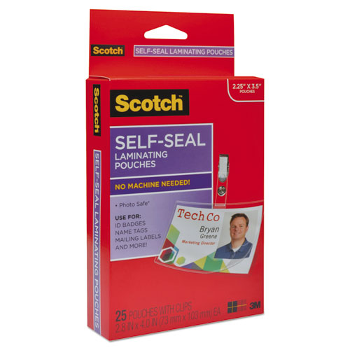 Scotch™ wholesale. Scotch Self-sealing Laminating Pouches, 12.5 Mil, 2.31" X 4.06", Gloss Clear, 25-pack. HSD Wholesale: Janitorial Supplies, Breakroom Supplies, Office Supplies.