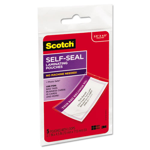 Scotch™ wholesale. Scotch Self-sealing Laminating Pouches, 12.5 Mil, 2.81" X 4.5", Gloss Clear, 5-pack. HSD Wholesale: Janitorial Supplies, Breakroom Supplies, Office Supplies.