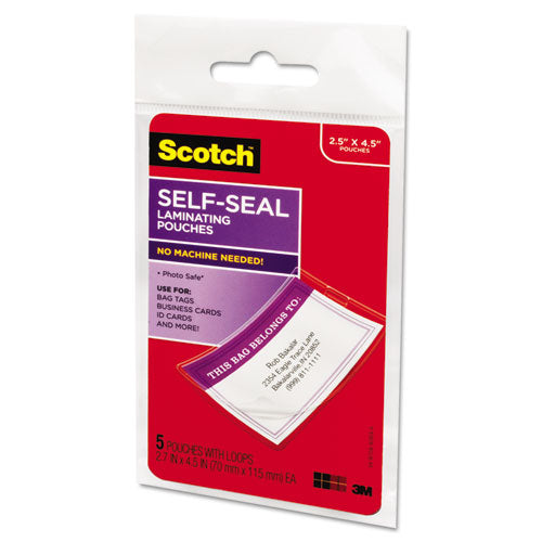 Scotch™ wholesale. Scotch Self-sealing Laminating Pouches, 12.5 Mil, 2.81" X 4.5", Gloss Clear, 5-pack. HSD Wholesale: Janitorial Supplies, Breakroom Supplies, Office Supplies.