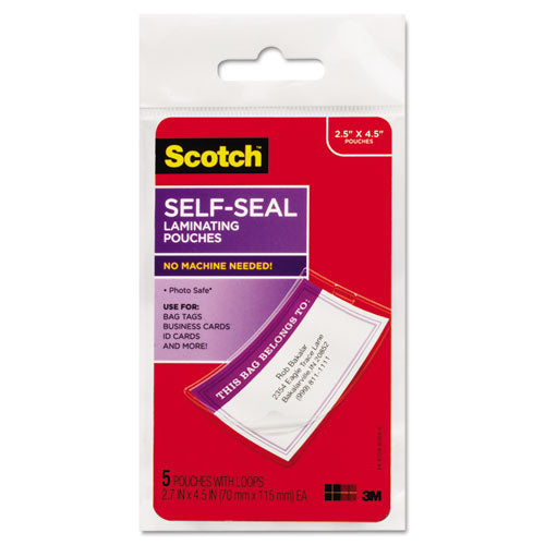 Scotch™ wholesale. Scotch Self-sealing Laminating Pouches, 12.5 Mil, 2.81" X 4.5", Gloss Clear, 5-pack. HSD Wholesale: Janitorial Supplies, Breakroom Supplies, Office Supplies.