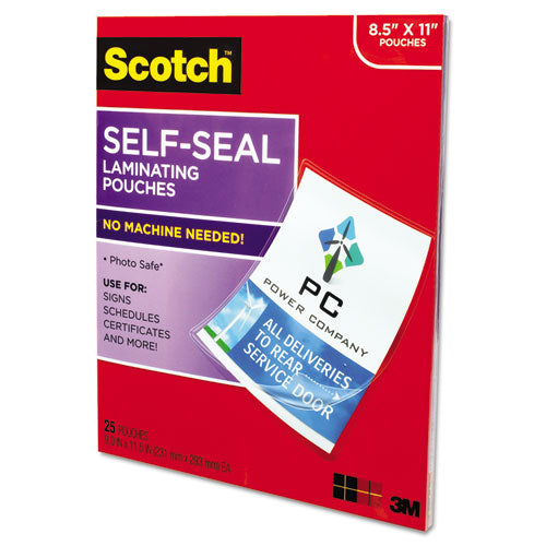 Scotch™ wholesale. Scotch Self-sealing Laminating Pouches, 9.5 Mil, 9" X 11.5", Gloss Clear, 25-pack. HSD Wholesale: Janitorial Supplies, Breakroom Supplies, Office Supplies.