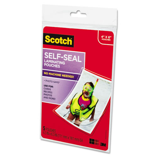 Scotch™ wholesale. Scotch Self-sealing Laminating Pouches, 9.5 Mil, 4.38" X 6.38", Gloss Clear, 5-pack. HSD Wholesale: Janitorial Supplies, Breakroom Supplies, Office Supplies.