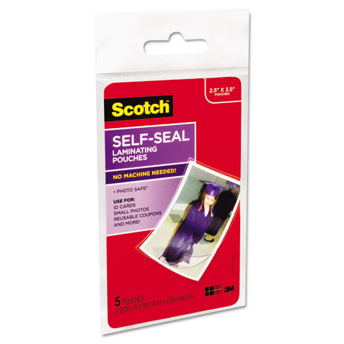 Scotch™ wholesale. Scotch Self-sealing Laminating Pouches, 9.5 Mil, 2.81" X 3.75", Gloss Clear, 5-pack. HSD Wholesale: Janitorial Supplies, Breakroom Supplies, Office Supplies.