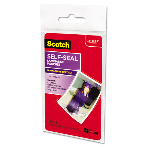 Scotch™ wholesale. Scotch Self-sealing Laminating Pouches, 9.5 Mil, 2.81" X 3.75", Gloss Clear, 5-pack. HSD Wholesale: Janitorial Supplies, Breakroom Supplies, Office Supplies.
