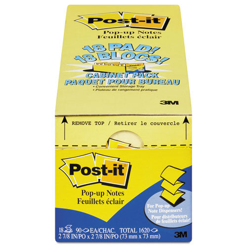 Post-it® Pop-up Notes wholesale. Original Canary Yellow Pop-up Refill Cabinet Pack, 3 X 3, 90-sheet, 18-pack. HSD Wholesale: Janitorial Supplies, Breakroom Supplies, Office Supplies.