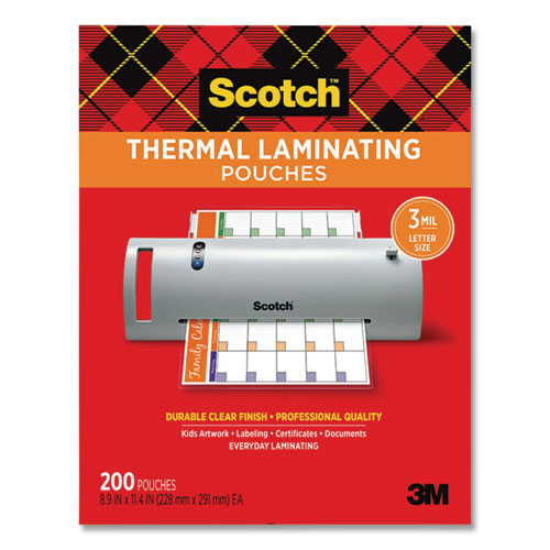 Scotch™ wholesale. Scotch Laminating Pouches, 3 Mil, 9" X 11.5", Gloss Clear, 200-pack. HSD Wholesale: Janitorial Supplies, Breakroom Supplies, Office Supplies.