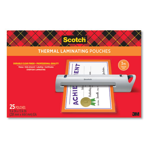 Scotch™ wholesale. Scotch Laminating Pouches, 3 Mil, 11.5" X 17.5", Gloss Clear, 25-pack. HSD Wholesale: Janitorial Supplies, Breakroom Supplies, Office Supplies.