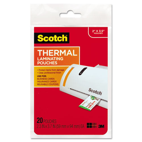 Scotch™ wholesale. Scotch Laminating Pouches, 5 Mil, 3.75" X 2.38", Gloss Clear, 20-pack. HSD Wholesale: Janitorial Supplies, Breakroom Supplies, Office Supplies.
