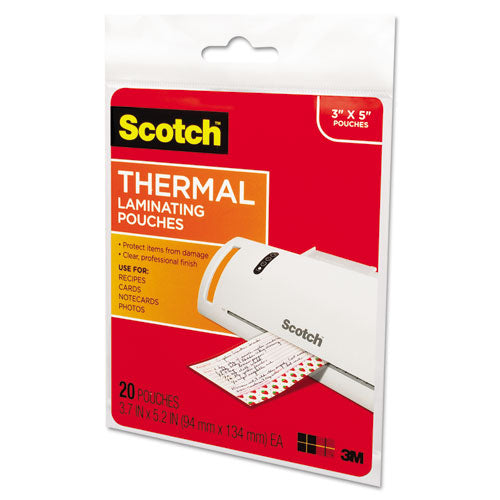 Scotch™ wholesale. Scotch Laminating Pouches, 5 Mil, 5.38" X 3.75", Gloss Clear, 20-pack. HSD Wholesale: Janitorial Supplies, Breakroom Supplies, Office Supplies.