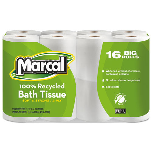 Marcal® wholesale. Marcal 100% Recycled Two-ply Bath Tissue, Septic Safe, 2-ply, White, 168 Sheets-roll, 16 Rolls-pack. HSD Wholesale: Janitorial Supplies, Breakroom Supplies, Office Supplies.