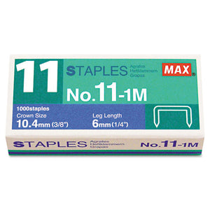 MAX wholesale. No. 11 Mini Staples, 0.25" Leg, 0.38" Crown, Steel, 1,000-box. HSD Wholesale: Janitorial Supplies, Breakroom Supplies, Office Supplies.