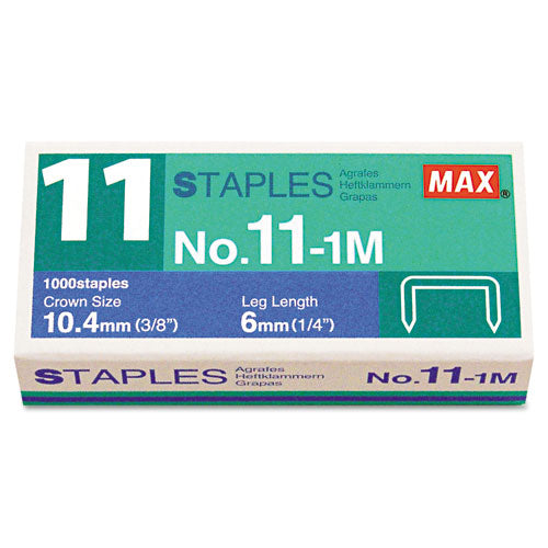 MAX wholesale. No. 11 Mini Staples, 0.25" Leg, 0.38" Crown, Steel, 1,000-box. HSD Wholesale: Janitorial Supplies, Breakroom Supplies, Office Supplies.