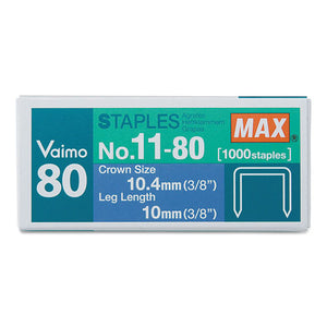 MAX wholesale. Vaimo 11 Staples, 0.38" Leg, 0.5" Crown, Steel, 1,000-box. HSD Wholesale: Janitorial Supplies, Breakroom Supplies, Office Supplies.