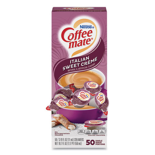 Coffee mate® wholesale. Liquid Coffee Creamer, Italian Sweet Creme, 0.38 Oz Mini Cups, 50-box, 4 Boxes-carton, 200 Total-carton. HSD Wholesale: Janitorial Supplies, Breakroom Supplies, Office Supplies.